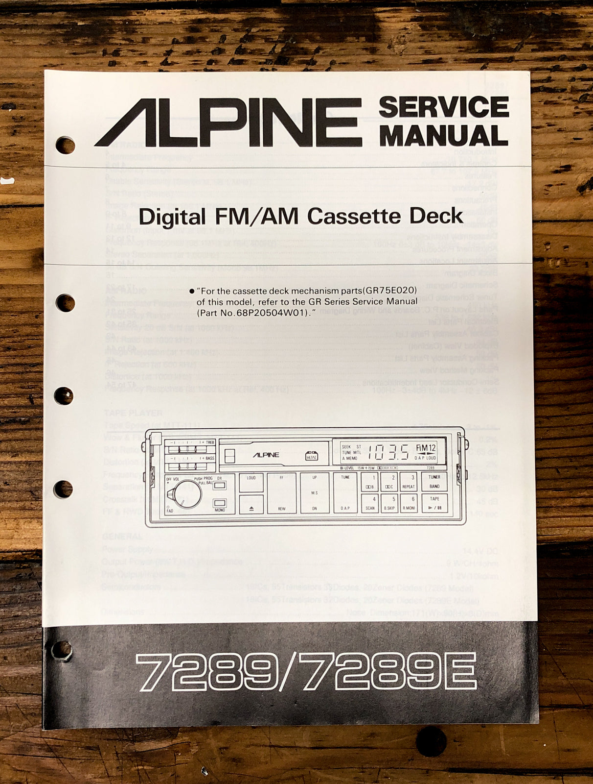 Alpine Model 7289 7289E Car Stereo  Service Manual *Original*