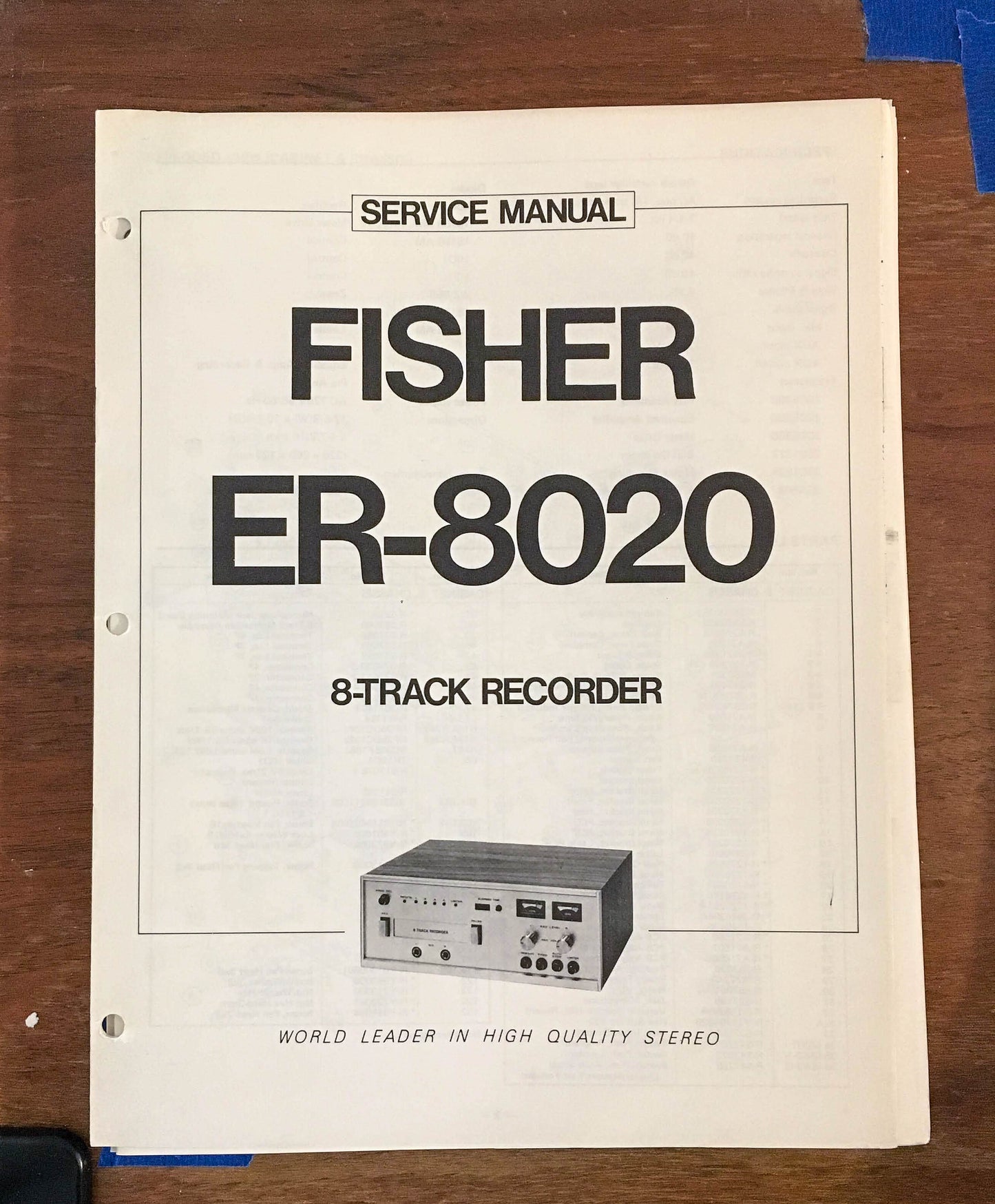 Fisher ER-8020 8 Track Recorder / Player Service Manual *Original*