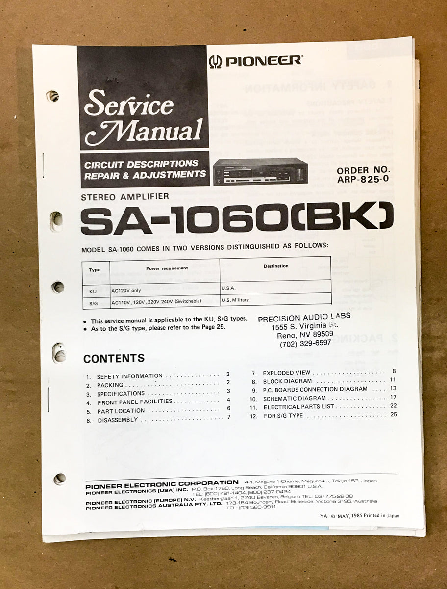Pioneer SA-1060 Amplifier Service Manual *Original*