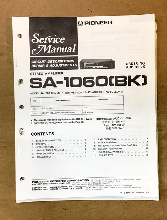 Pioneer SA-1060 Amplifier Service Manual *Original*
