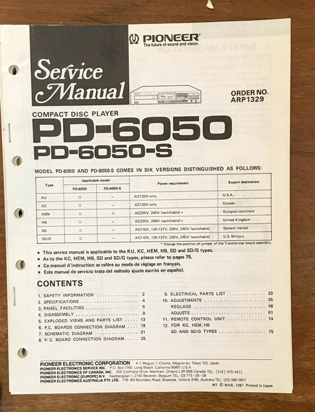 Pioneer PD-6050 PD-6050S CD Player Service Manual Notice *Original*