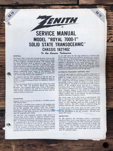 Zenith Model ROYAL 7000-1 18ZT40Z RA-19 Radio  Service Manual *Original* #1