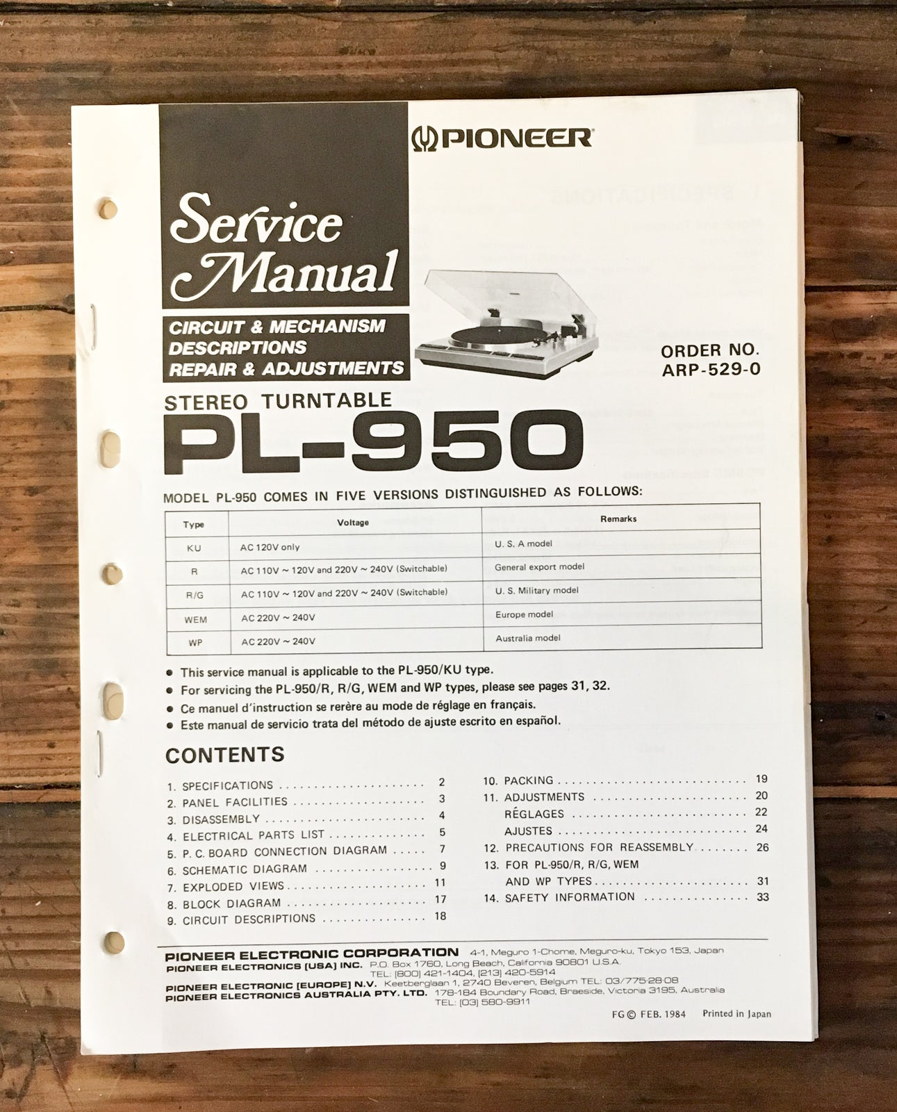 Pioneer PL-950 Record Player / Turntable Service Manual *Original*