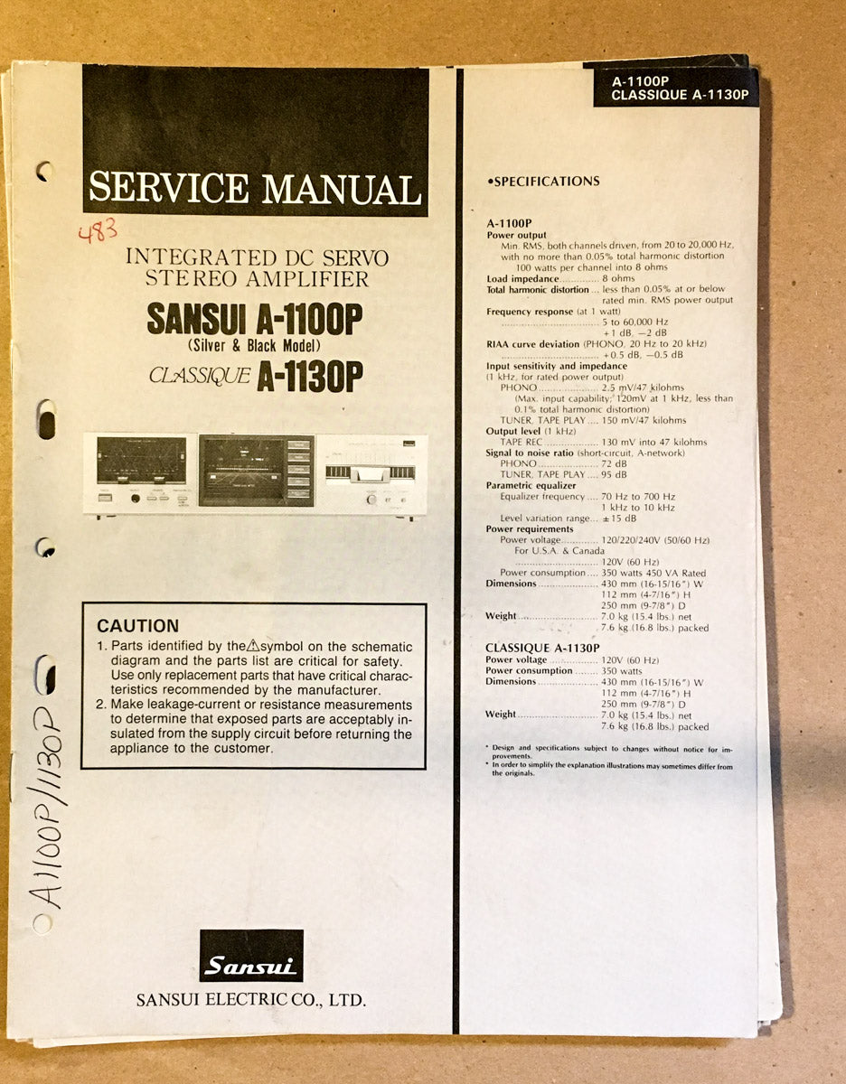 Sansui A-1100P 1130P Amplifier Service Manual *Original*