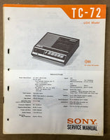 Sony TC-72 Cassette Tape Player Service Manual *Original*