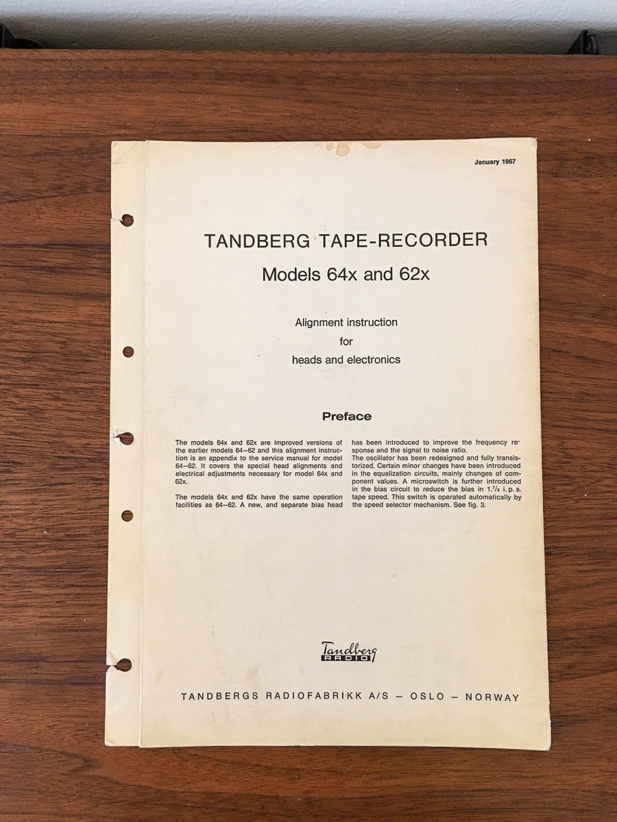 Tandberg Model 62X 64X Tape Recorder Alignment Manual *Original*