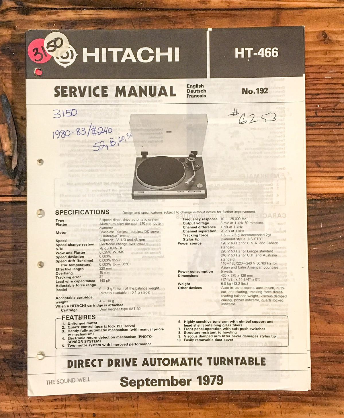 Hitachi HT-466 Record Player / Turntable  Service Manual *Original*