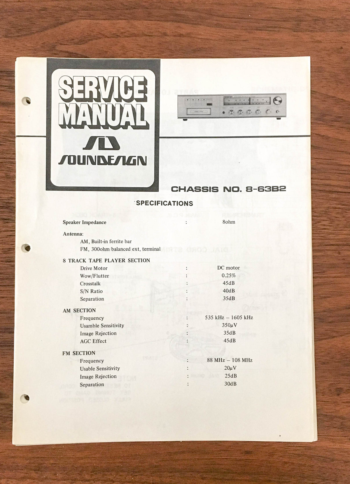 SoundDesign Sound Design Model 8-63B2 Stereo Service Manual *Original*