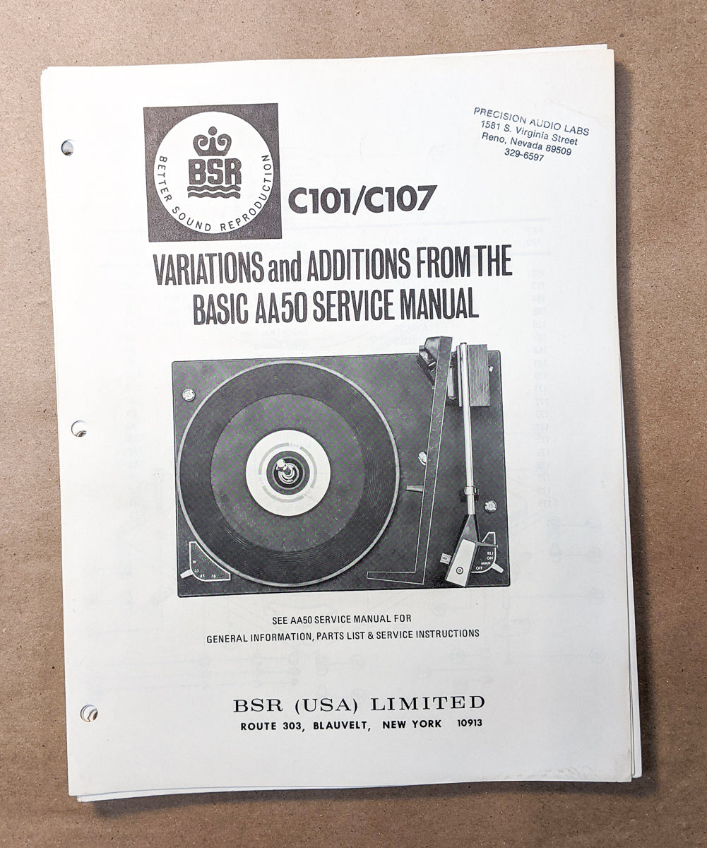*Original* BSR C-101 C-107 Record Player Turntable Service Manual