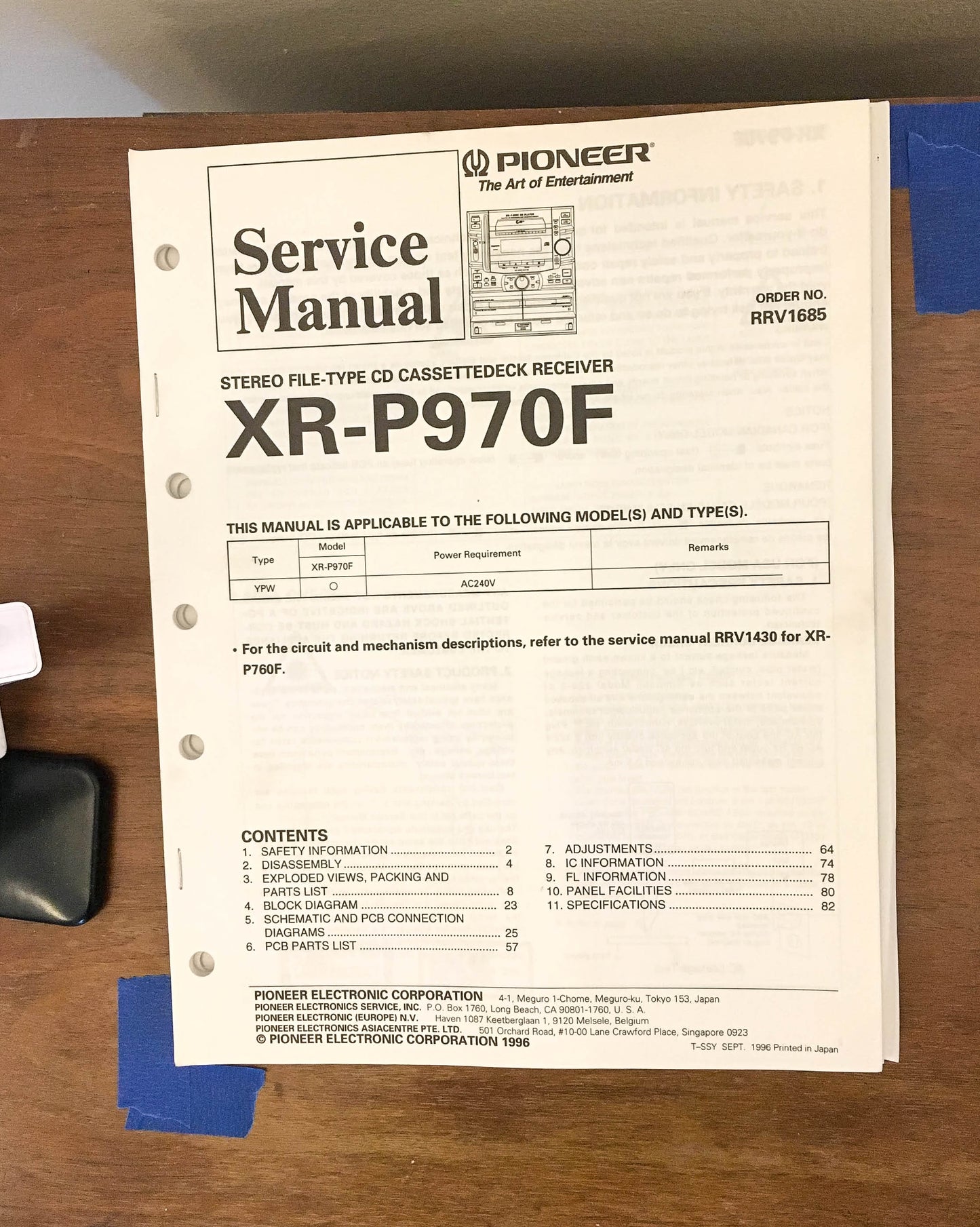 Pioneer XR-P970F Stereo System Service Manual *Original*