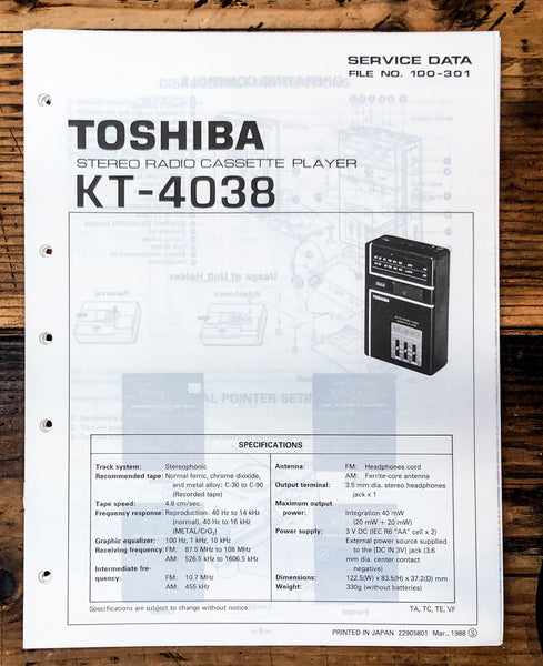 Toshiba KT-4038 Cassette Player Service Manual *Original*