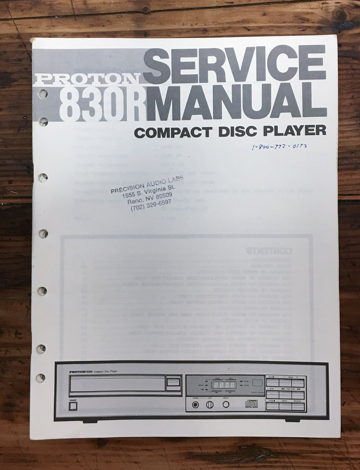 Proton Model 830R CD Player  Service Manual *Original*