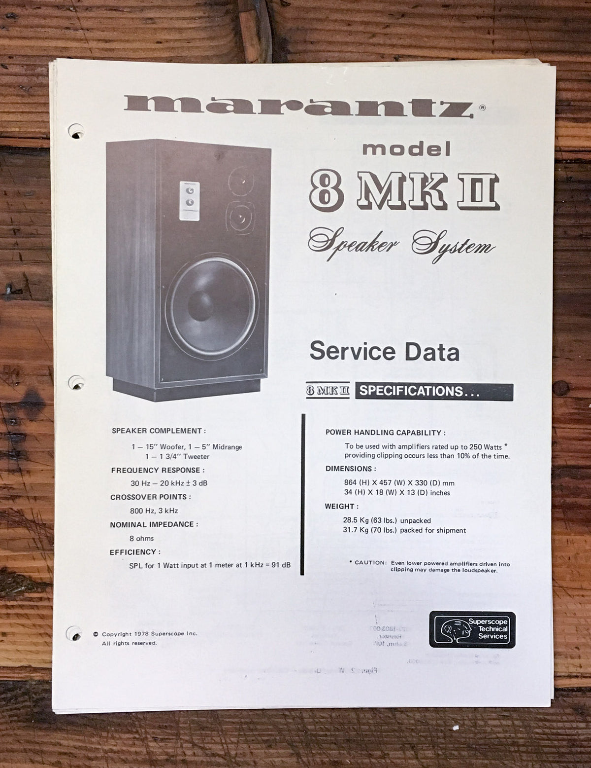 Marantz Model 8 MK2 Speaker  Service Sheet *Original*