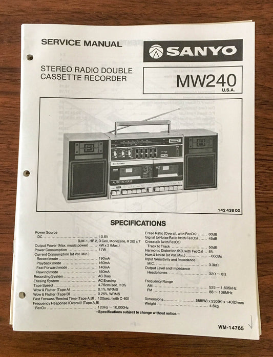 Sanyo M W240 Boombox / Radio Cassette Service Manual *Original*
