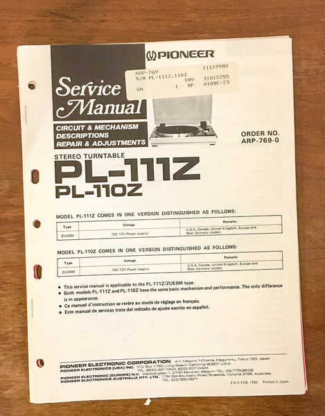 Pioneer PL-111Z 110Z Turntable / Record Player  Service Manual *Original*