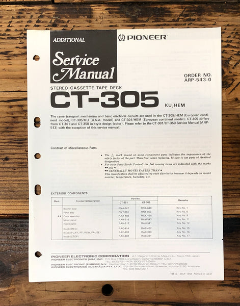 Pioneer CT-305 Cassette Add. Service Manual *Original*