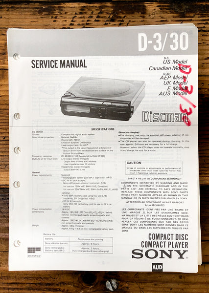 Sony D-3 D-30 CD Player / Discman  Service Manual *Original*