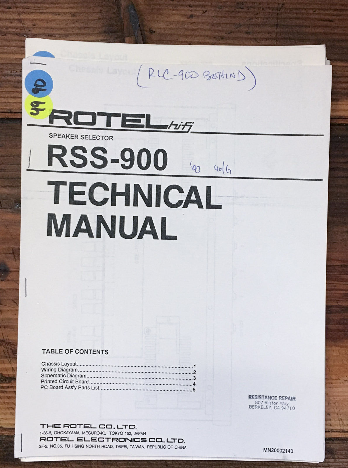 Rotel RSS-900 Speaker Selector  Service Manual *Original*