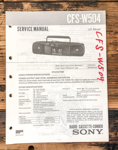 Sony CFS-W504 Radio / Boombox  Service Manual *Original*