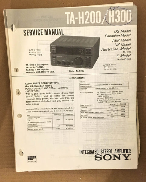 Sony TA-H200 TA-H300 Stereo Amplifier Service Manual *Original*