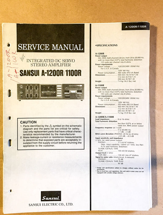 Sansui AU-1200R A-1100R Amplifier Service Manual *Original*