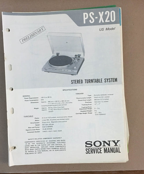 Sony PS-X20 Turntable Record Player  PRELIMINARY Service Manual *Original*