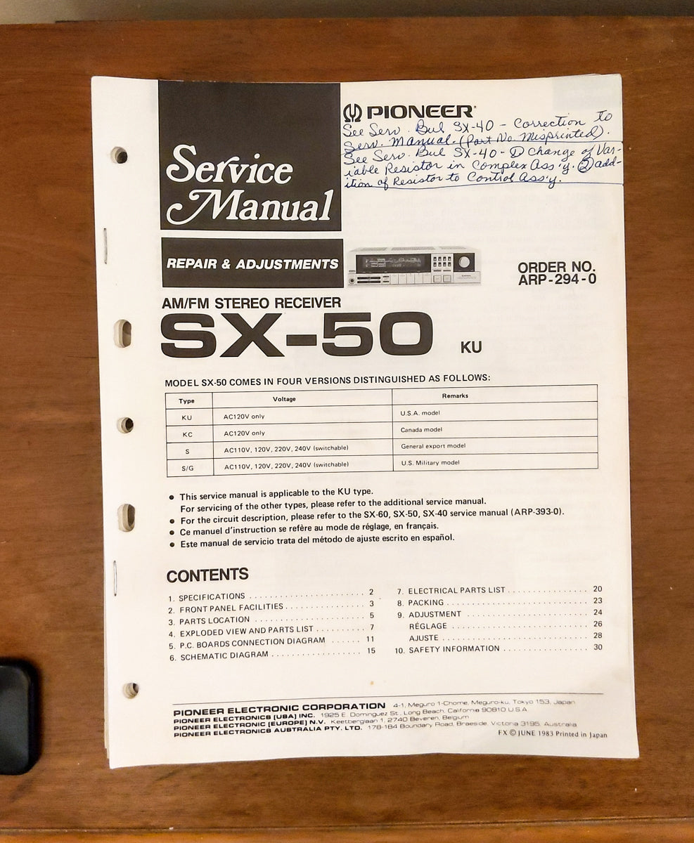 Pioneer SX-50 Receiver Service Manual *Original*