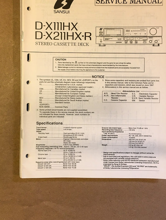 Sansui D-X111HX D-X211HX R Cassette / Tape Player Service Manual *Original* #1