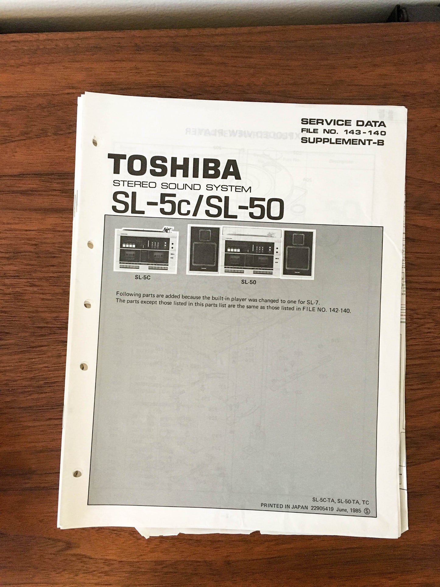 Toshiba SL-5C SL-50 STEREO Service Manual *Original* Supplement