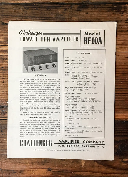 Challenger Model HF10A Amplifier Owners Manaul & Schematic Manual *Original*