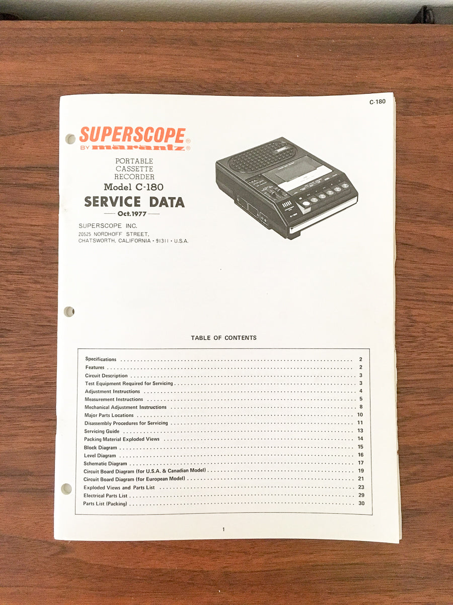 Superscope / Marantz C-180 Cassette Service Manual *Original*
