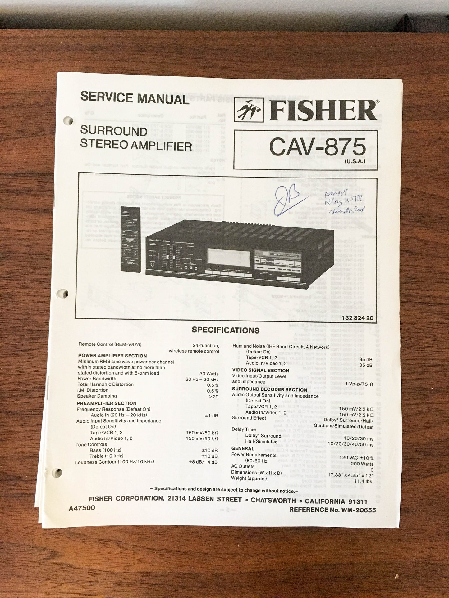 Fisher CAV-875 Amplifier Service Manual *Original*