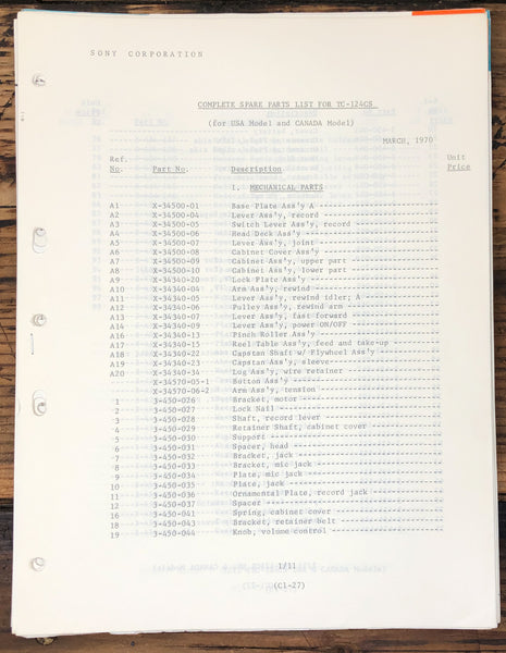 Sony TC-124CS Tape  Parts List Manual *Original*