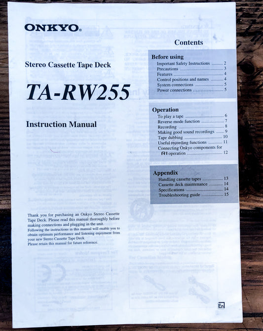 Onkyo TA-RW255 Cassette  Owner / User Manual *Original*