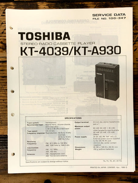 Toshiba KT-4039 KT-A930 Cassette Service Manual *Original*