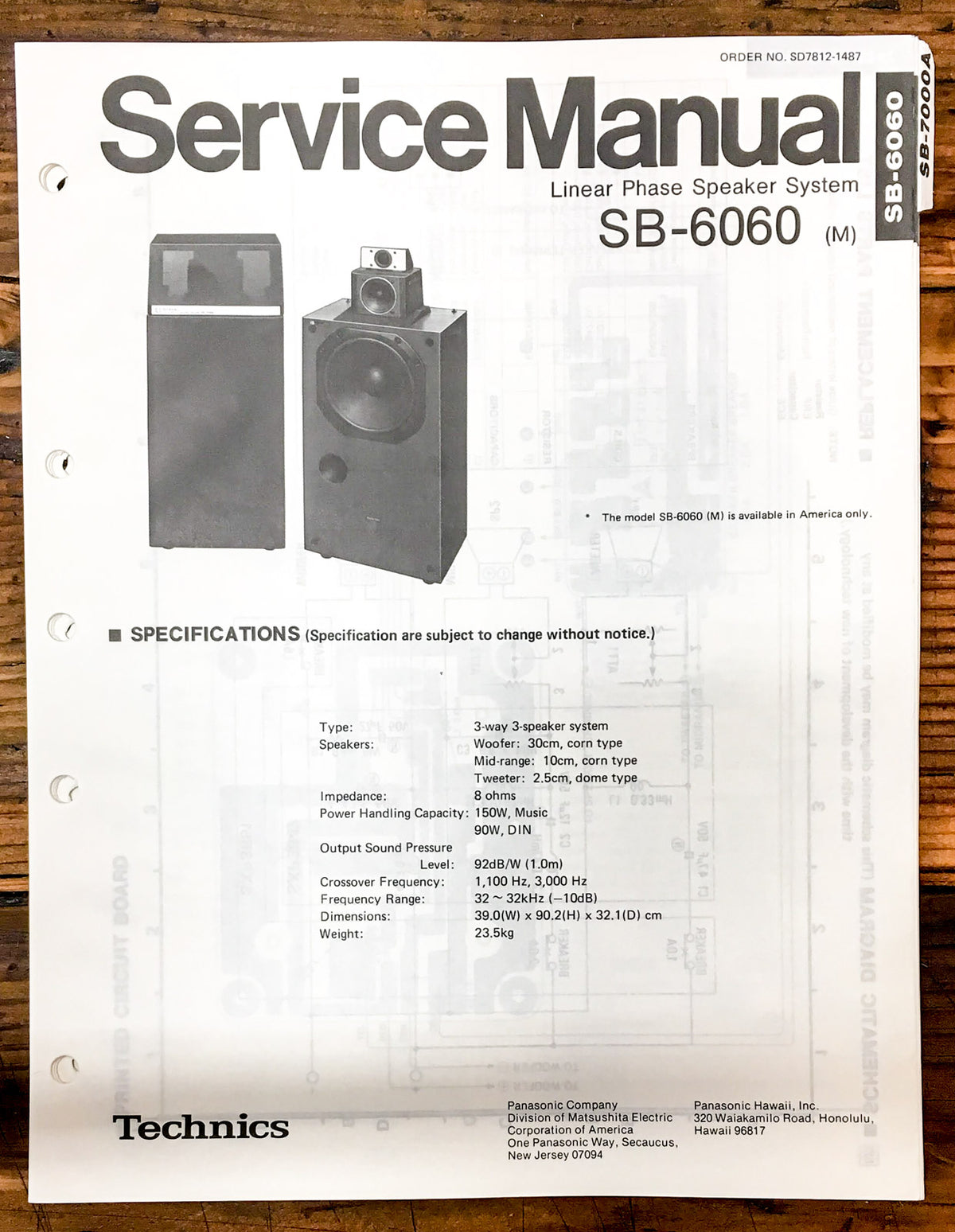 Technics SB-6060 Speaker  Service Manual *Original*
