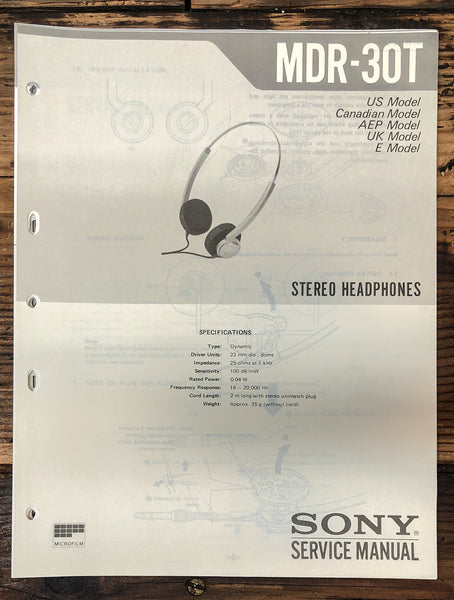 Sony MDR-30T Headphones  Service Manual *Original*