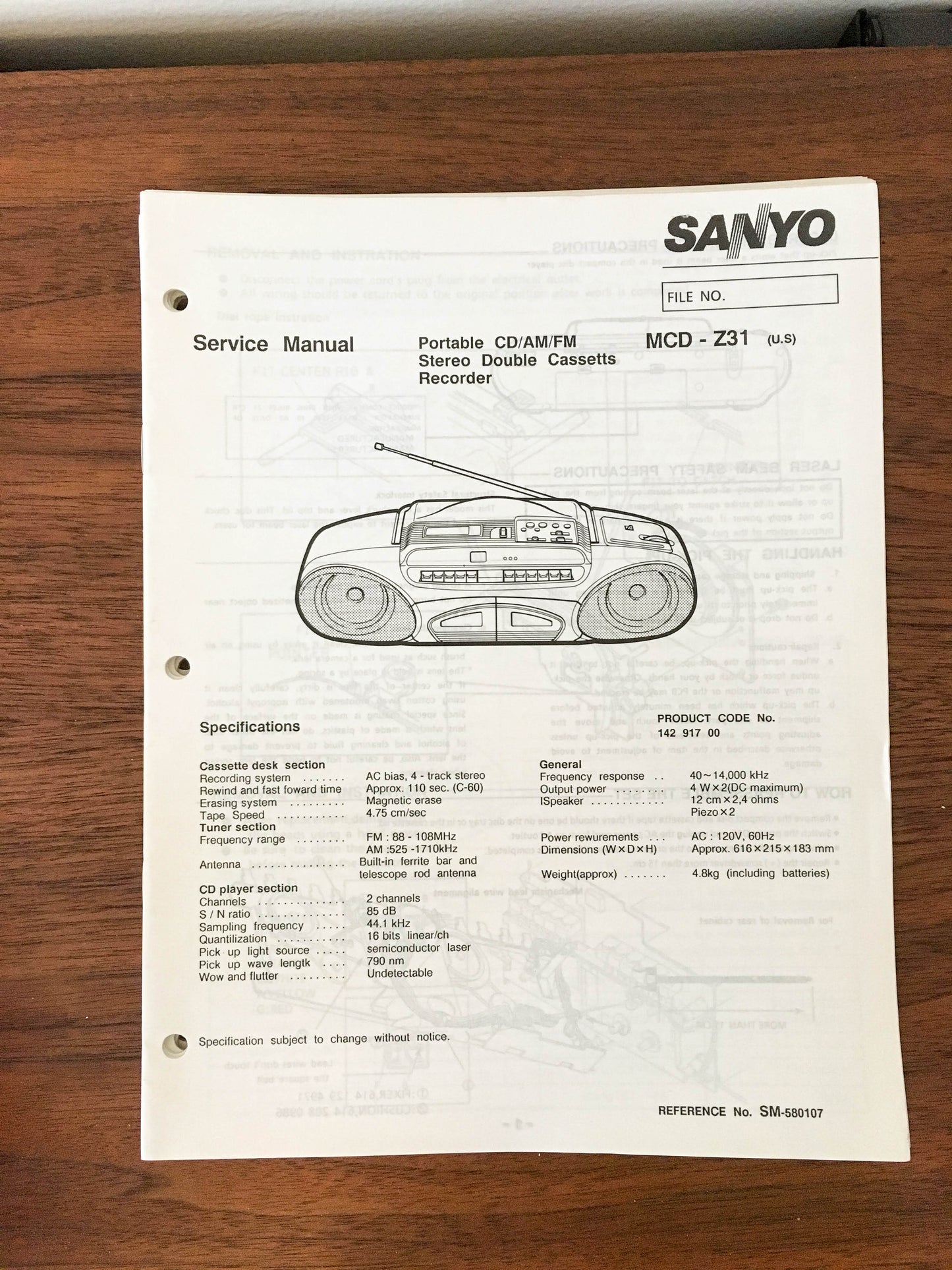Sanyo MCD-Z31 Boombox Stereo Service Manual *Original*