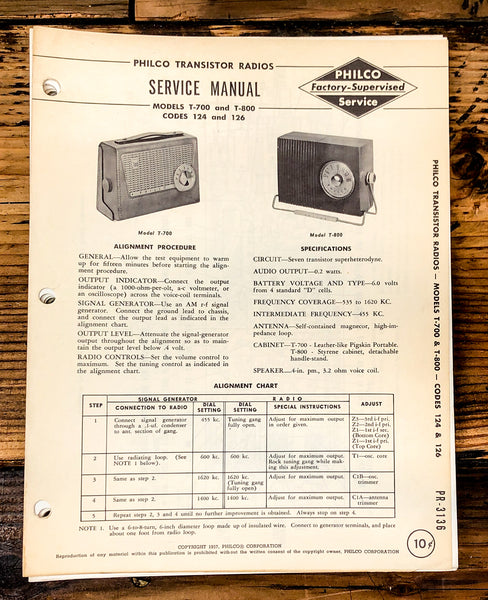 Philco Ford T-700 T-800 Radio Service Manual *Original*