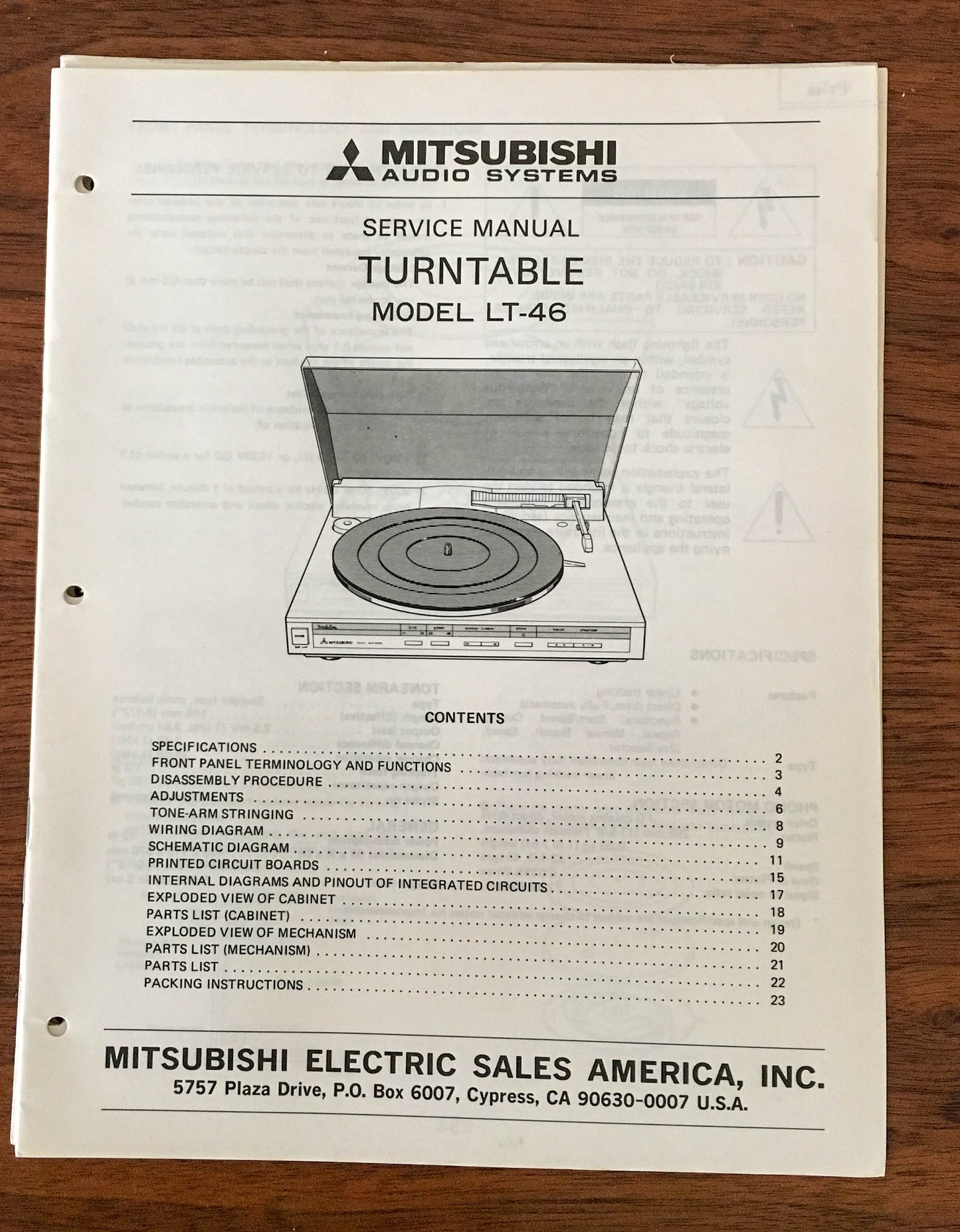 Mitsubishi LT-46 Record Player / Turntable Service Manual *Original*