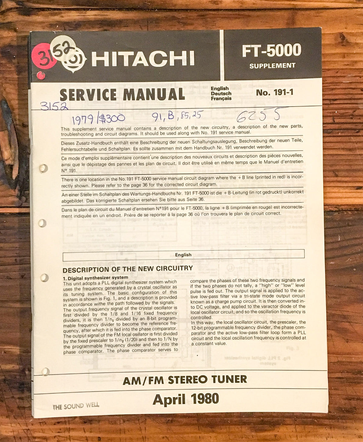 Hitachi FT-5000 Tuner   Service Manual Supplement *Original*