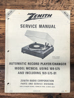 Zenith MC9030 169-575  Record Player / Turntable  Service Manual *Original*