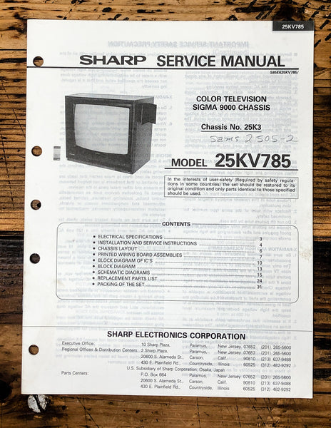 Sharp 25KV785 TV / Television Service Manual *Original*