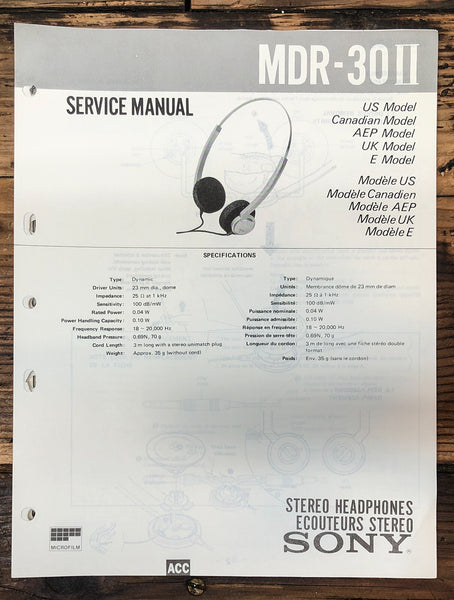 Sony MDR-30 II  Headphones  Service Manual *Original*