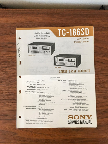 Sony TC-186SD Tape Recorder Service Manual *Original*