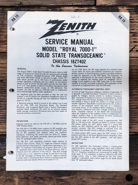 Zenith Model ROYAL 7000-1 18ZT40Z RA-19 Radio  Service Manual *Original* #2