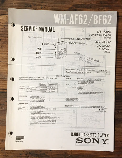 Sony WM-WF62 WM-BF62 Cassette Service Manual *Original*