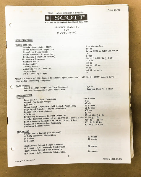 H.H. Scott Model 344C / 344-C  Service Manual #1 *Original*