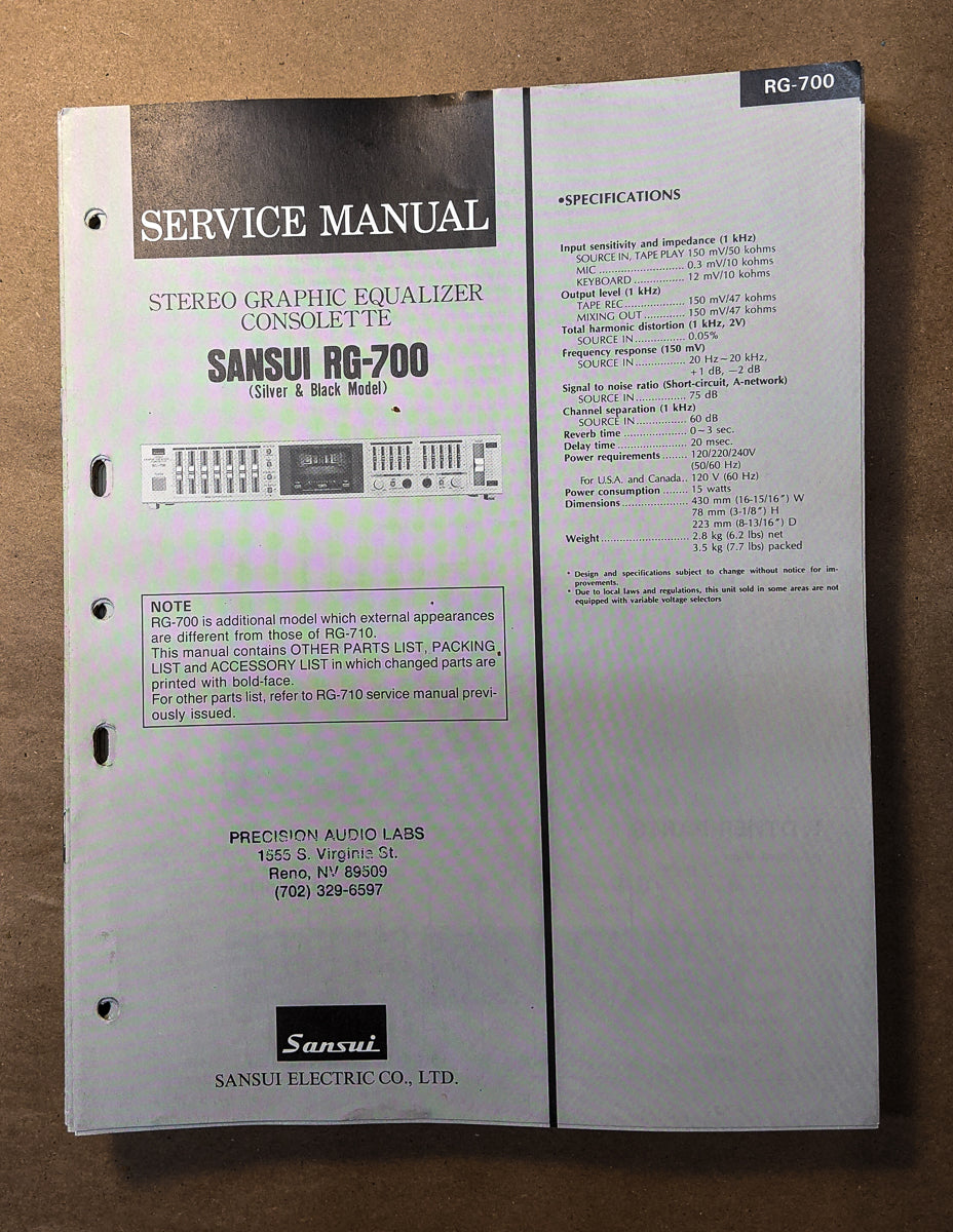 Sansui RG-700 Equalizer Service Manual *Original*