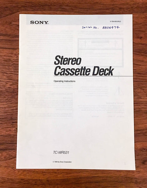 Sony TC-WR531 Casstte Tape Player Service Manual *Original*